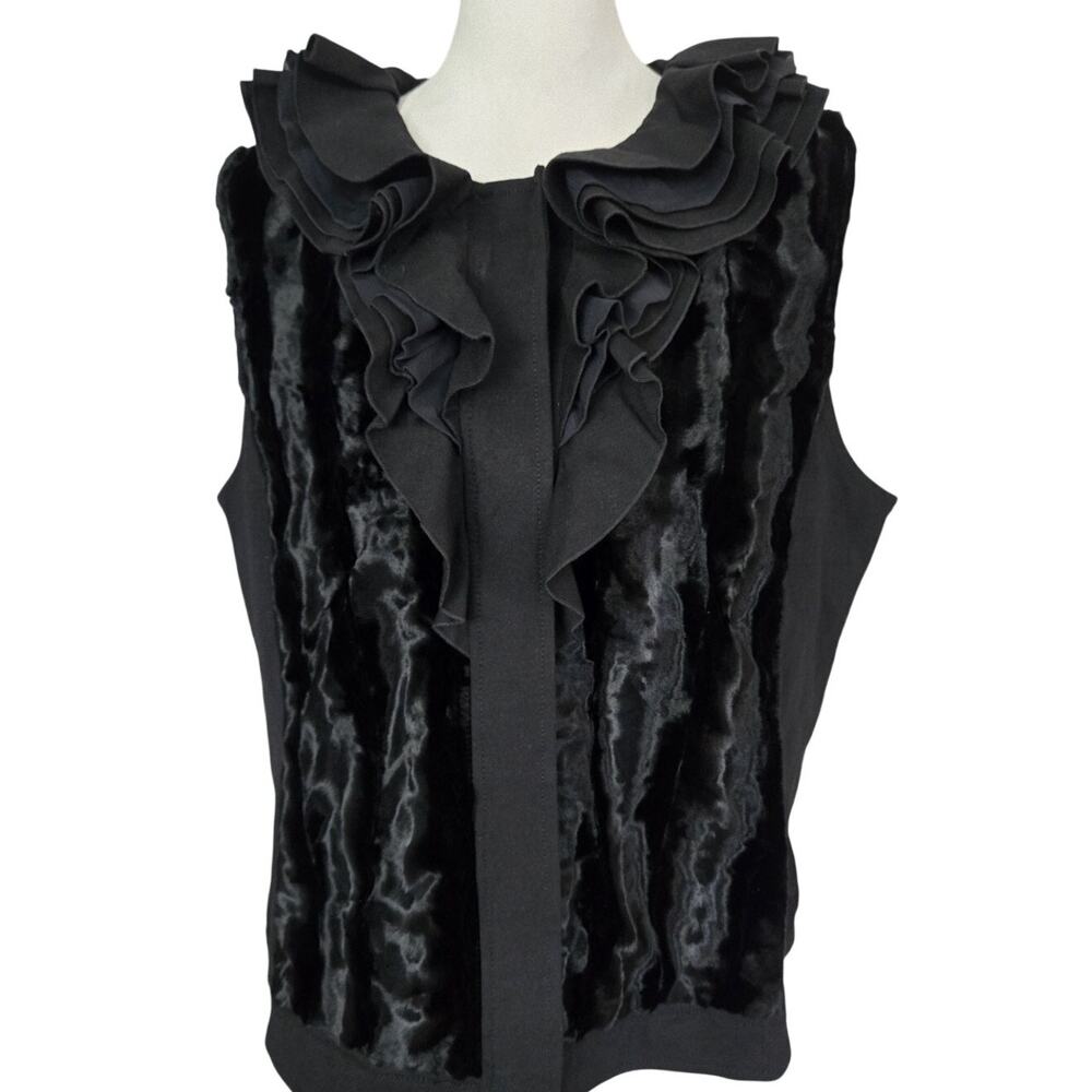 Vtg Whimsigoth Alfani Black Faux Fur Ruffle Neck Sleeveless Snap Up Vest Sz XL